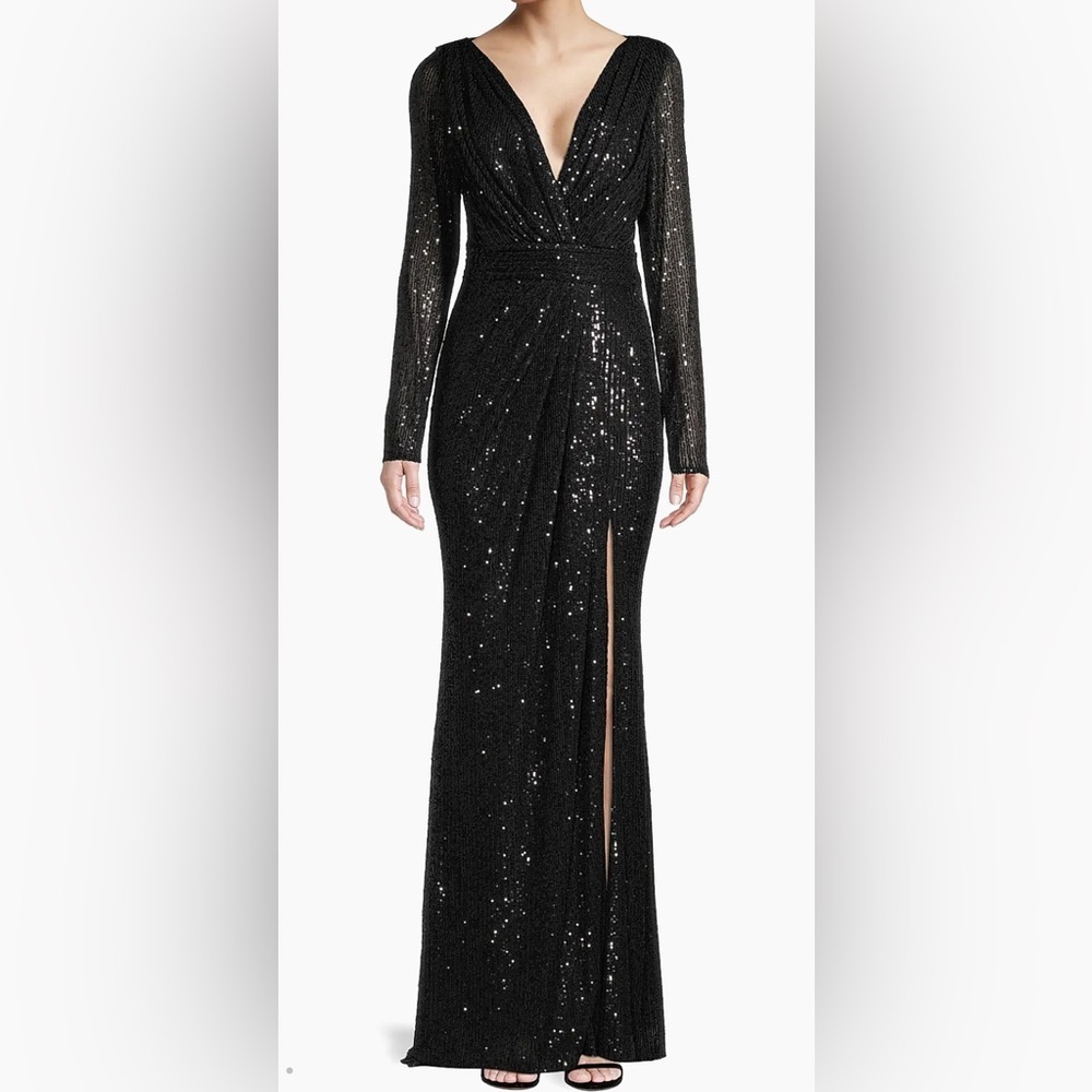 Elegant Black Sequin Long-Sleeve Evening Gown
